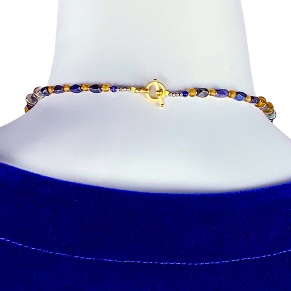 Beaded Lapis, Tiger Eye, Swarovski Crystal & Gold Choker Necklace - Picture 2 of 5